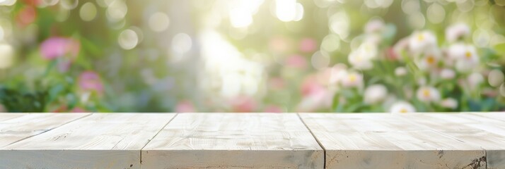 Aufkleber - Tranquil Morning Empty Light Beige Wooden Table in Serene Garden with Soft Sunlight and Blurred Floral Background for Product Display Montage