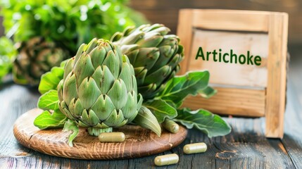 Wall Mural - Artichoke capsules and supplements. Selective focus.