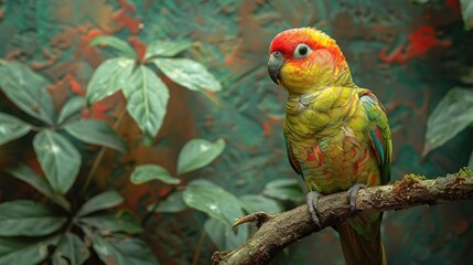 Canvas Print - Green and Red Parrot on a Branch in a Tropical Forest Illustration