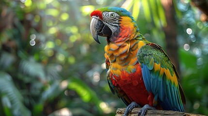 Sticker - Colorful Macaw Parrot Sitting on a Branch in a Lush Tropical Jungle - Realistic Photo