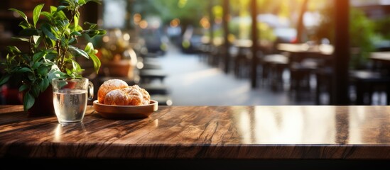 Canvas Print - Empty mable table for present product on coffee shop bar blur background with bokeh