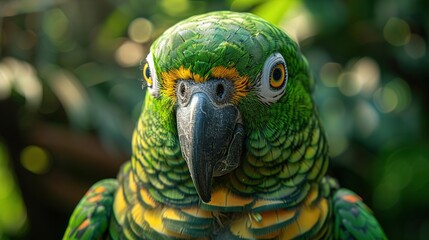 Canvas Print - Close-Up Portrait of a Green and Yellow Parrot with Orange Eyes in Nature