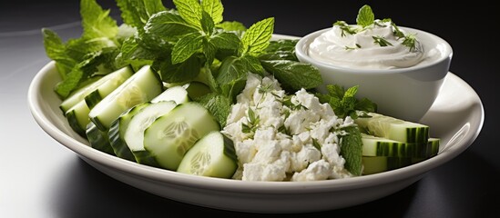 Poster - fresh green vegetables spinach and cottage cheese with cucumber and yogurt in a bowl on white, healthy diet food