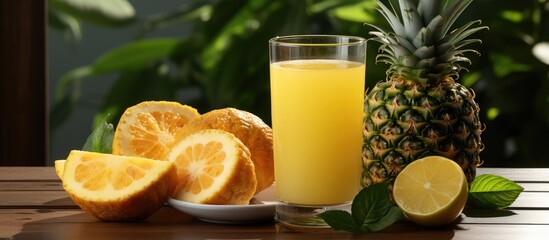 Poster - Glass of pineapple juice and sliced pineapple fruits isolated on darker background