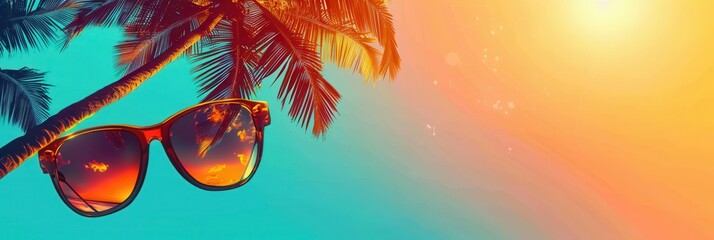 Aufkleber - A pair of sunglasses hangs from a palm tree branch, with the setting sun reflected in the lenses. Generative AI