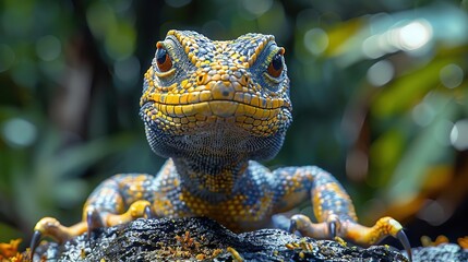 Poster - Close-up of a Yellow and Blue Lizard with Sharp Claws on a Rock - Realistic Image