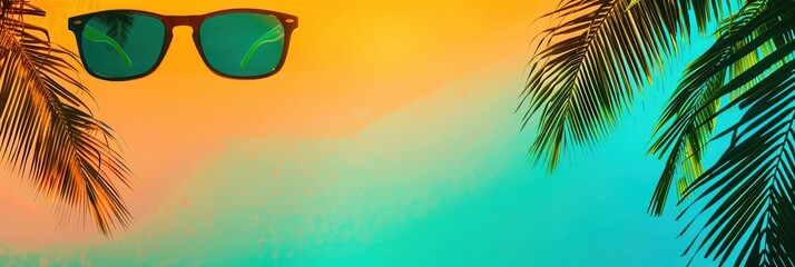 Aufkleber - Palm tree fronds frame a pair of sunglasses against a vibrant tropical sunset sky. Generative AI
