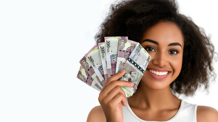 Young black woman holding Botswana pula notes and showing  notes to camera over transparent background with copy space, African lady happy similing, hand holds money cash, Botswanan currency

