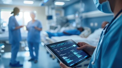 Wall Mural - Medical professionals discussing patient data analytics on a digital tablet in a hospital setting. Stock photo --ar 16:9 --style raw Job ID: 1e0b5e4a-260c-4363-9bae-fba5cabef8bb