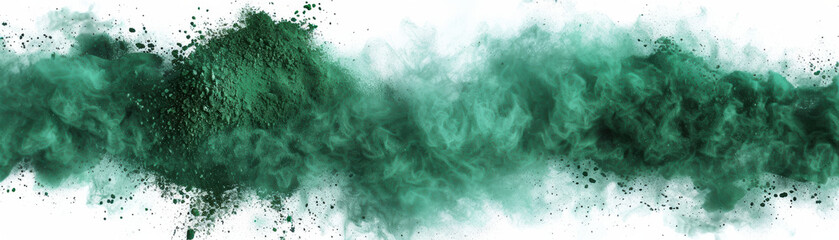 Wall Mural - Dynamic green powder and smoke explosion on white background, showcasing vibrant burst of color, perfect for artistic and creative projects.