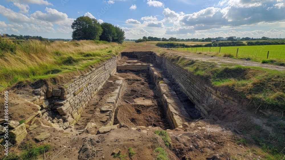 An expansive view of an ancient Roman archaeological excavation site on a sunny day, showcasing meticulously preserved stone walls and extensive earthworks amidst a lush green landscape