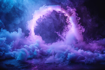 Wall Mural - a vibrant, mystical purple smoke ring with glowing lights in a surreal, dark background, creating a 