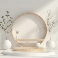 Wall Mural - Minimalistic white podium with wood spheres and plants, 3D rendering in geometric shapes. 3D Rendering Mock up