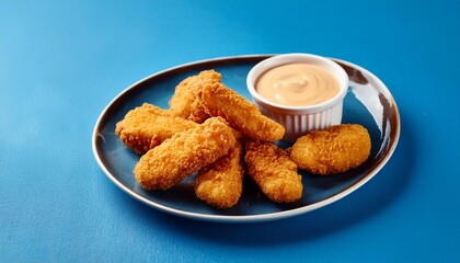 Wall Mural - Spicy fried crispy chicken nuggets on blue background