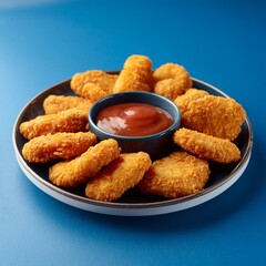 Wall Mural - Spicy fried crispy chicken nuggets on blue background