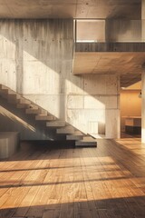 Wall Mural - interior of modern building with wooden stairs and sunlight.