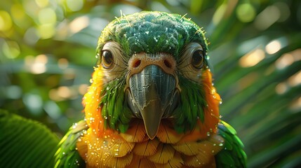 Sticker - Close-up Portrait of a Green and Orange Parrot with Wet Feathers