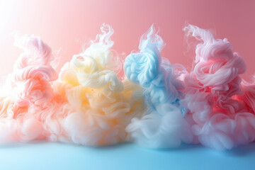 Wall Mural - Abstract pastel-colored smoke swirling against a pink and blue gradient background, creating a dreamy and ethereal visual effect.