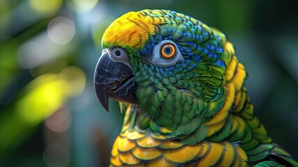 Poster - Close-Up Portrait of a Colorful Parrot with Green, Yellow, and Blue Feathers