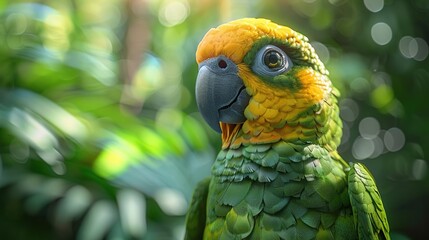 Poster - Closeup of a Green and Yellow Parrot's Head with Bokeh Background - Photograph