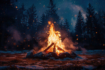 Cozy campfire at night in a snowy forest surrounded by tall trees, with sparks flying into the dark, starry sky, creating a warm and inviting atmosphere.