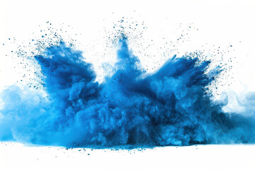 Wall Mural - Dynamic explosion of vibrant blue powder cloud against white backdrop creating a stunning visual display of color in motion.