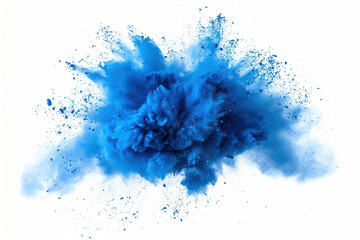 Wall Mural - Vibrant explosion of blue paint powder against a white background, capturing the dynamic energy and motion in mid-air, perfect for artistic projects.
