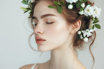 Serene portrait of a young woman with closed eyes, wearing a floral crown. Natural beauty and calm expression captured with white background.