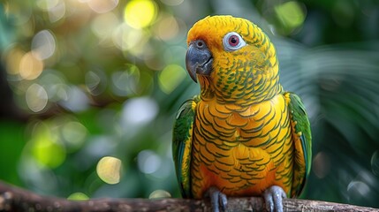 Poster - Yellow-Headed Amazon Parrot Perched on a Branch with Green Bokeh Background - Photo