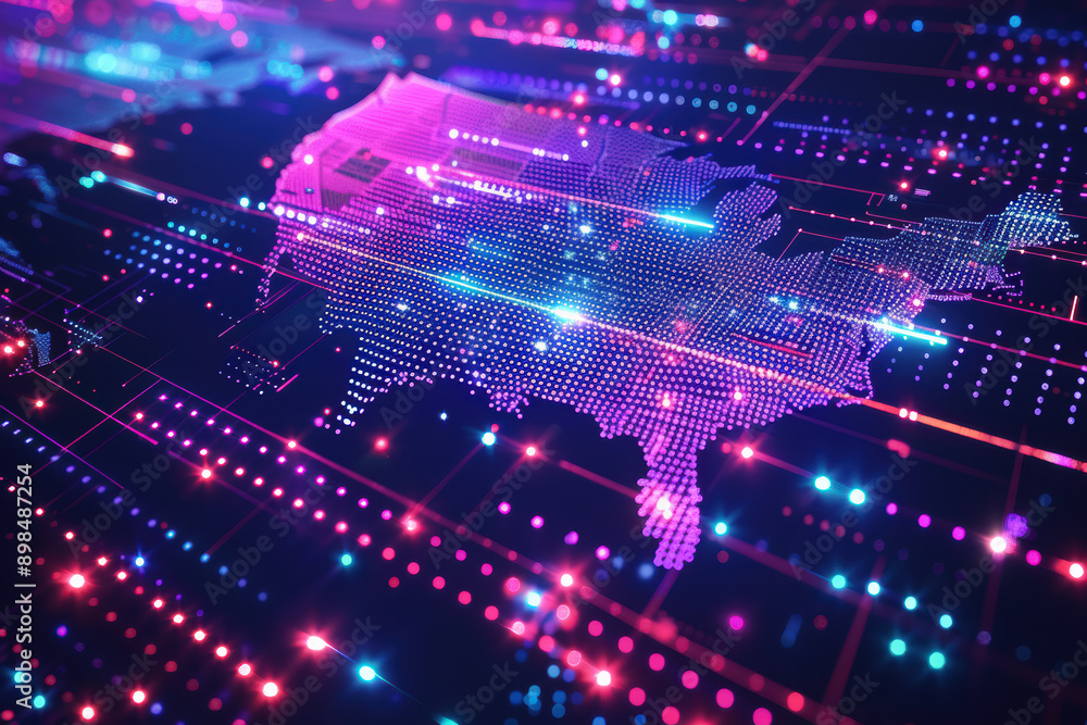 Point Connectivity Visualization Vibrant data visualization of the United States, featuring neon light ...