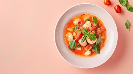 Poster - Top view of a delicious shrimp and tomato soup on a white bowl placed on a peach-colored background. Simple and vibrant food photo for culinary blogs and recipe websites. AI