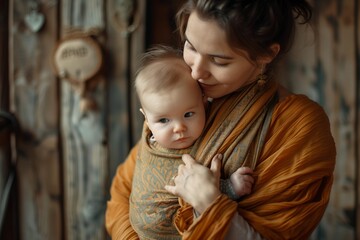 Wall Mural - young beautiful mother tenderly holds her baby, hugs, presses to herself. Absolute love and tenderness. Family values.