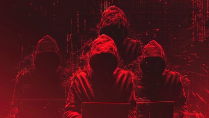 Anonymous Hacker Group Working On Laptop In Dark Room With Red Hoodies