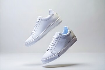 irregularly floating white sneakers on a white background Generative ai