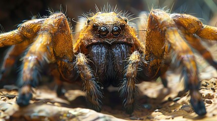 Sticker - Closeup of a Brown and Yellow Spider with Fuzzy Legs - 3D Illustration