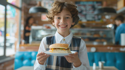 Wall Mural - A smiling boy in a school uniform with a tie is holding a tray of sandwiches and salad at the diner restaurant