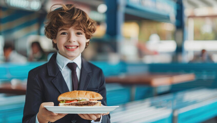 Wall Mural - A smiling boy in a school uniform with a tie is holding a tray of sandwiches and salad at the diner restaurant