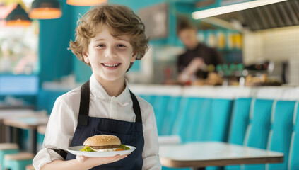 Canvas Print - A smiling boy in a school uniform with a tie is holding a tray of sandwiches and salad at the diner restaurant