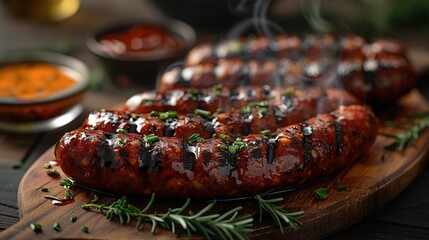 Wall Mural - Fried sausages with sauces and herbs on wooden serving Board. Great beer snack on a dark background