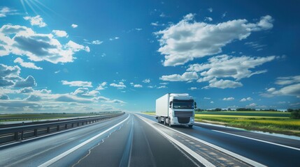 Poster - A white semi-truck drives down a highway on a sunny day with a blue sky and fluffy clouds. Generative AI