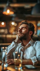 Wall Mural - A man in a white shirt sits at a dimly-lit dining table, deep in thought. Water-filled wine glasses are scattered, creating a cozy, casual vibe.