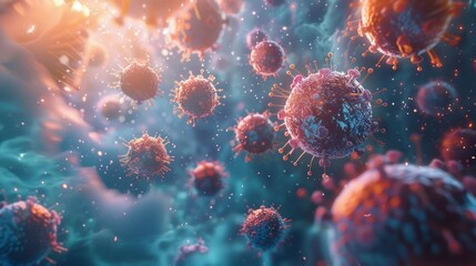 Wall Mural - 3d visualization of sars-cov-2 virus with red spike proteins against blue background shows microscop
