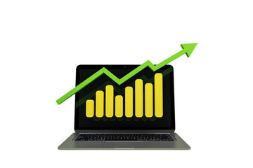 Sticker - Image of a laptop displaying a yellow bar chart with a green upward arrow. Isolated on a white background. Concept of business growth. 3D Rendering