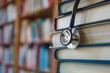 © SKIMP Art - A stack of medical books with an out-of-focus stethoscope hanging on the side, symbolizing education and knowledge in medicine Generative AI