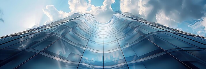 Sticker - Curved Glass Facade Skyscraper with Cloudy Sky 3D Illustration