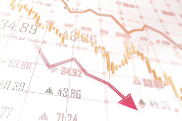 Canvas Print - Illustration of a downward trend on a financial stock market chart, featuring a red arrow pointing downwards. Concept of financial crisis and decline. 3D Rendering.