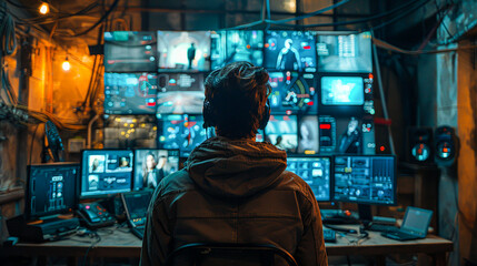 Wall Mural - Cybersecurity Expert Analyzing Threats on Multiple Screens in Dark Room