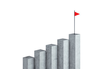 Concrete stair steps arranged progressively higher, ending with a red flag on the highest step. Isolated on a white background, concept of success. 3D Rendering