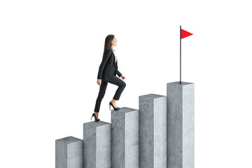 Businesswoman climbing concrete growth chart stairs towards a red flag, symbolizing success. Isolated on a white background, concept of career growth
