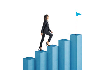 businesswoman in a suit climbing a blue bar graph with a flag at the top. isolated on a white backgr